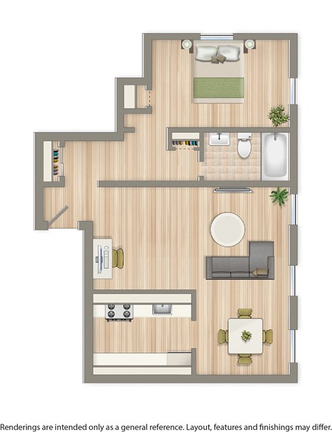 one bedroom apartment floor plan rendering at 4031 davic place apartments in washington dc